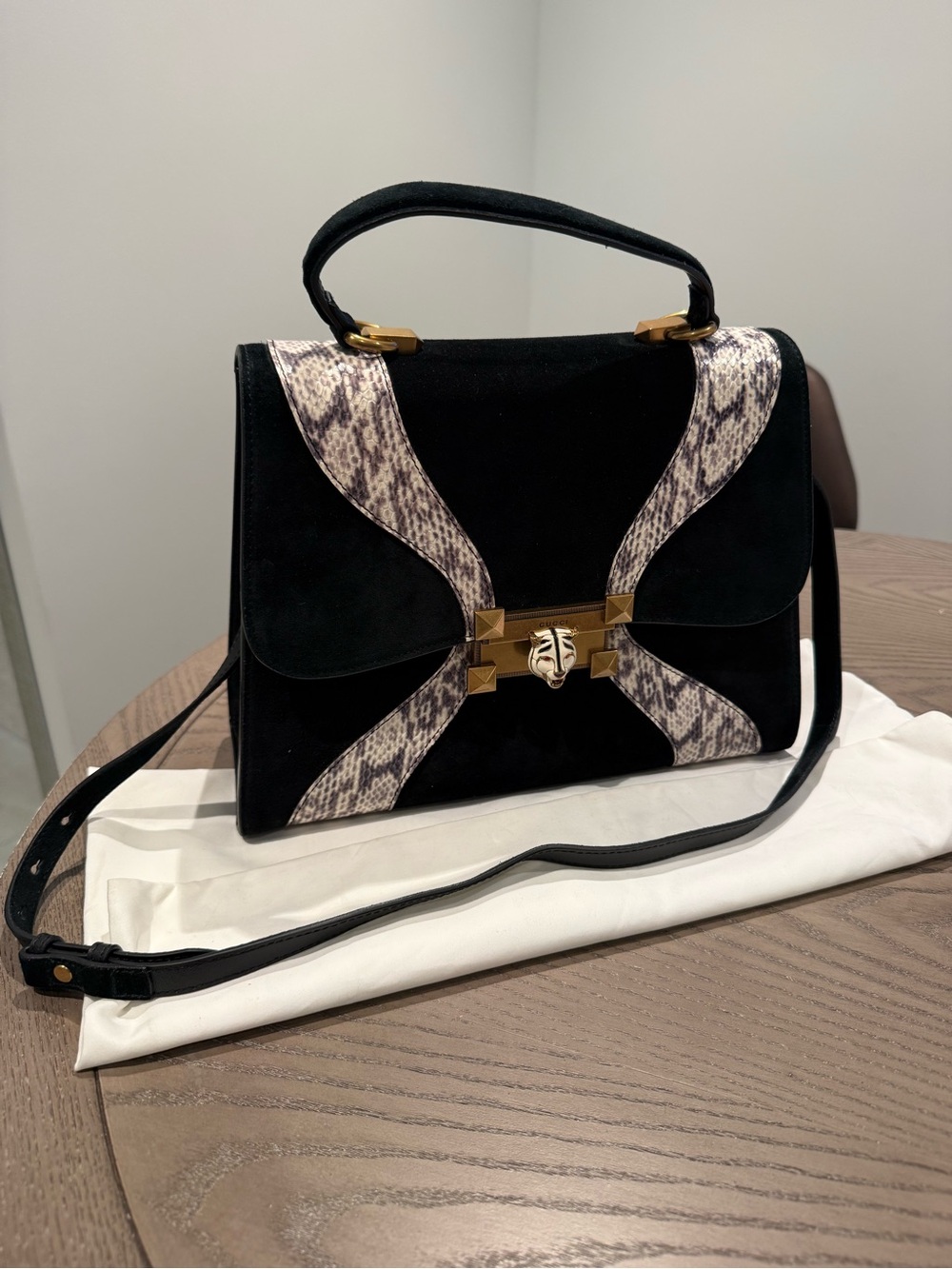 Black Suede Top-Handle Satchel with Snake-Print Trim